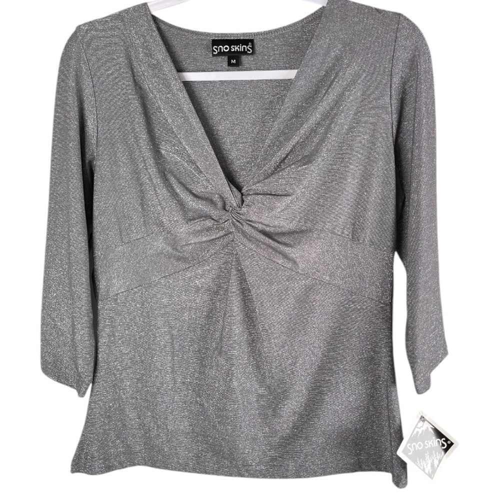 Sno Skins Metallic Silver 3/4 Sleeve Twist Front V-Neck Top womens Medium NWT
